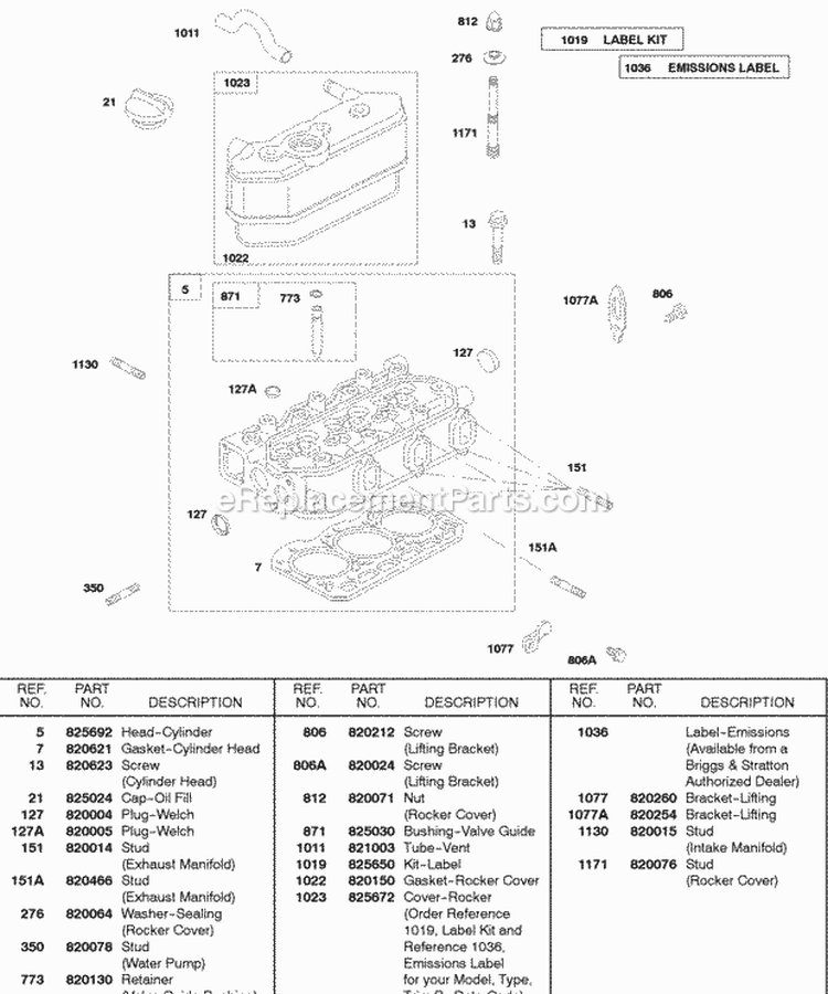 Rocker Cover Cylinder Head Diagram and Parts List for 522447-0105-E2  Briggs and Stratton Engine